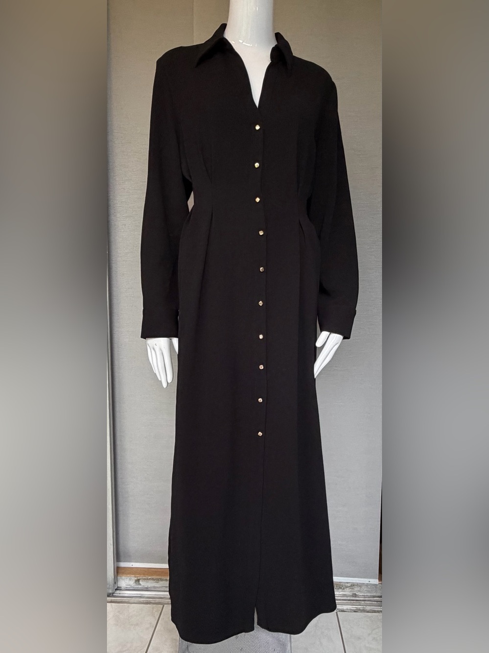 Zara Black Long-Sleeve Button-Front Maxi Dress